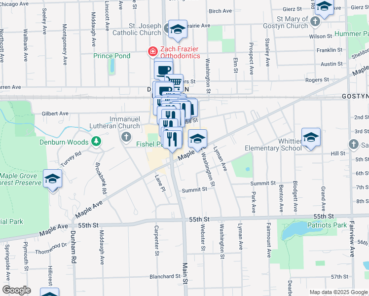 map of restaurants, bars, coffee shops, grocery stores, and more near 940 Maple Avenue in Downers Grove