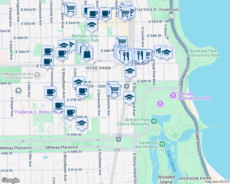 map of restaurants, bars, coffee shops, grocery stores, and more near 5608 South Harper Avenue in Chicago