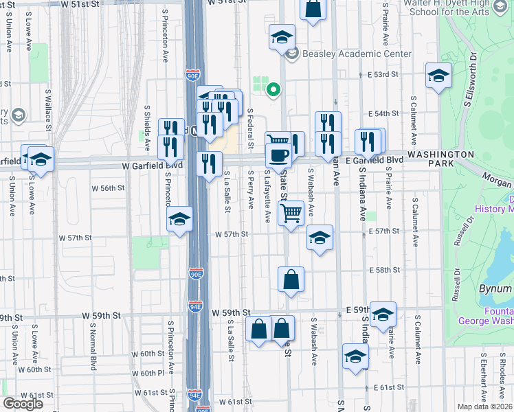 map of restaurants, bars, coffee shops, grocery stores, and more near 5540 South Lafayette Avenue in Chicago