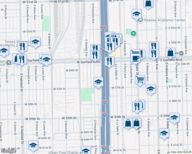 map of restaurants, bars, coffee shops, grocery stores, and more near 5539 South Princeton Avenue in Chicago