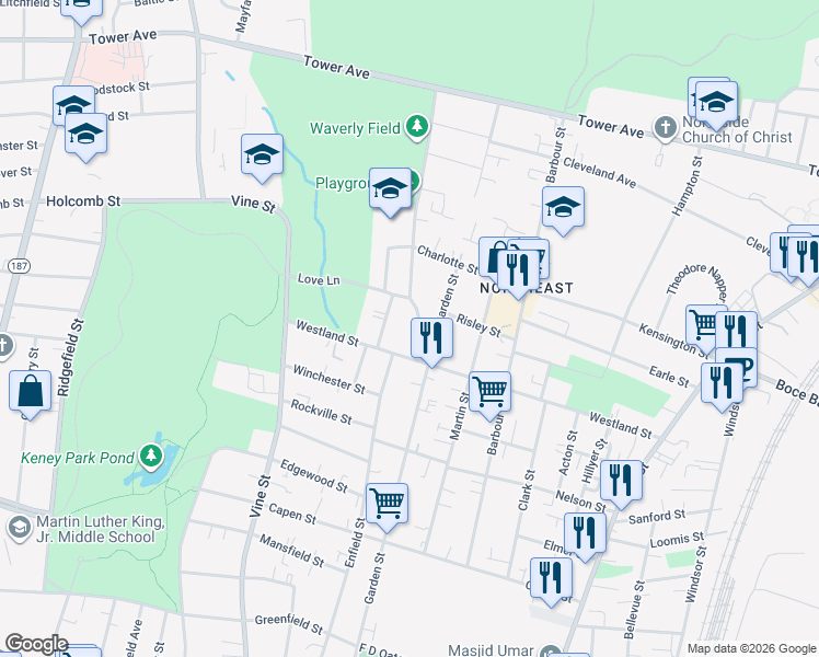 map of restaurants, bars, coffee shops, grocery stores, and more near 83 Love Lane in Hartford