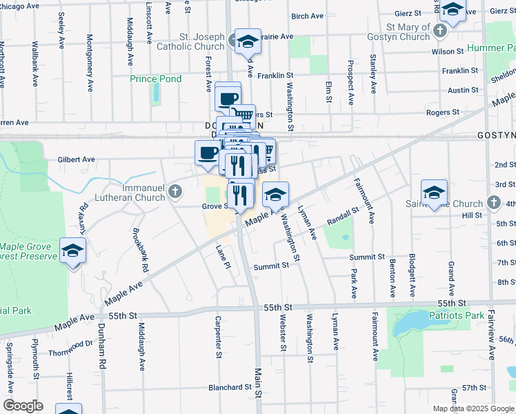 map of restaurants, bars, coffee shops, grocery stores, and more near 5157 Main Street in Downers Grove
