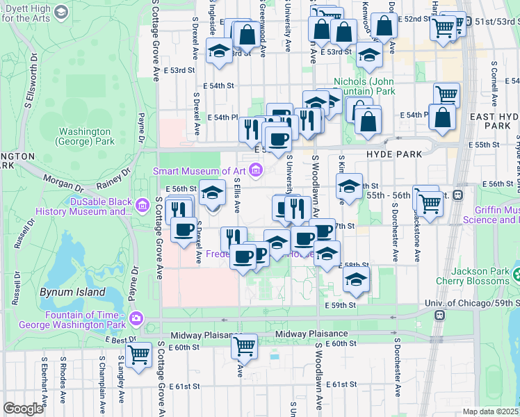 map of restaurants, bars, coffee shops, grocery stores, and more near 1100 East 57th Street in Chicago
