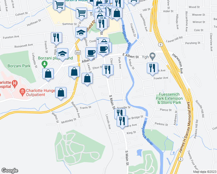 map of restaurants, bars, coffee shops, grocery stores, and more near 395 South Main Street in Torrington