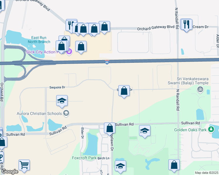 map of restaurants, bars, coffee shops, grocery stores, and more near Sequoia Drive in Aurora