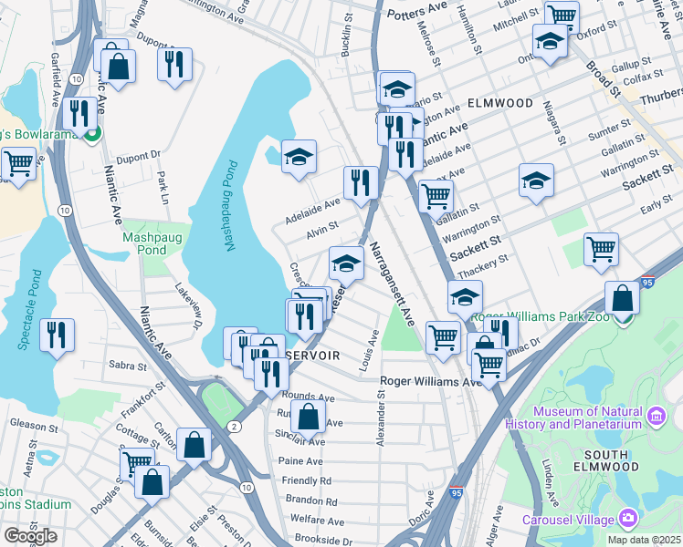 map of restaurants, bars, coffee shops, grocery stores, and more near 30 Algonquin Street in Providence