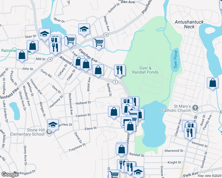 map of restaurants, bars, coffee shops, grocery stores, and more near 8 Towne Street in Cranston