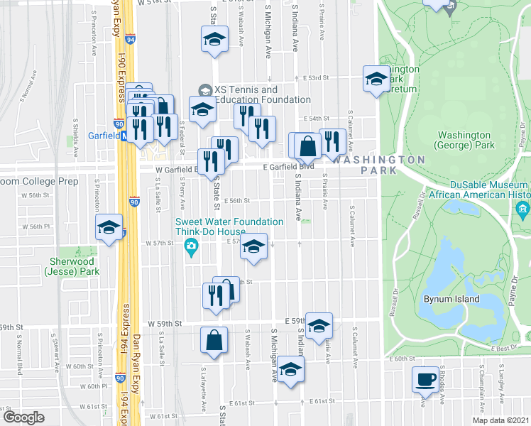 map of restaurants, bars, coffee shops, grocery stores, and more near 12 East 56th Street in Chicago