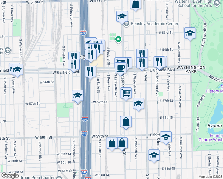 map of restaurants, bars, coffee shops, grocery stores, and more near 5540 South Lafayette Avenue in Chicago