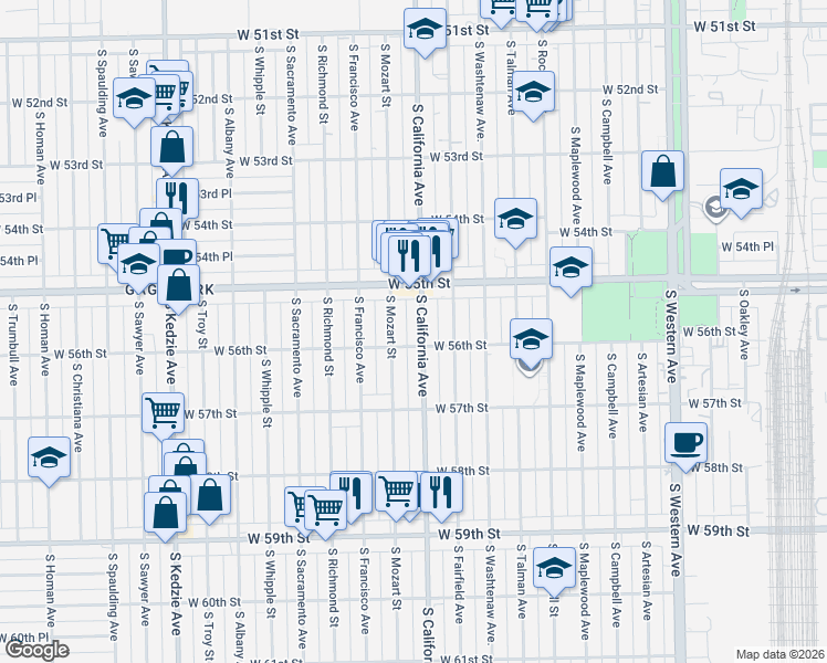 map of restaurants, bars, coffee shops, grocery stores, and more near 5521 South Mozart Street in Chicago