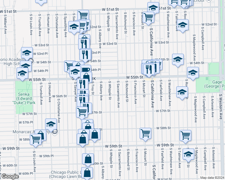 map of restaurants, bars, coffee shops, grocery stores, and more near 5518 South Sacramento Avenue in Chicago