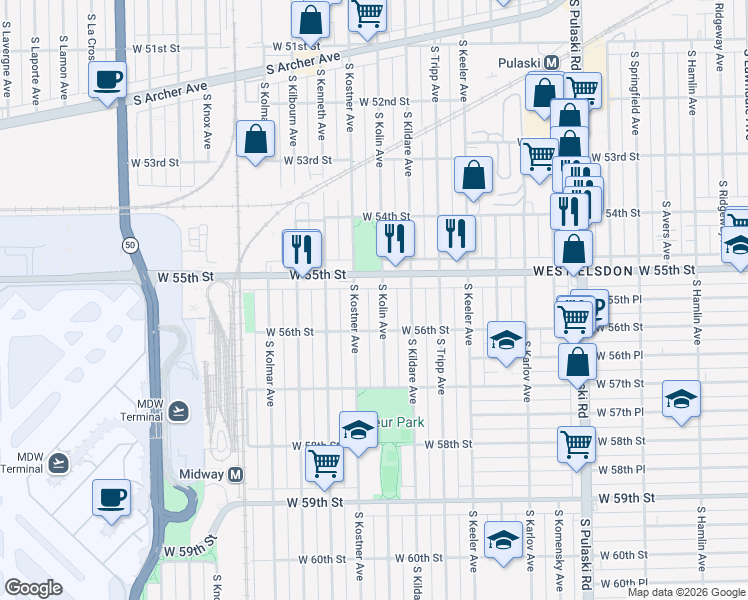 map of restaurants, bars, coffee shops, grocery stores, and more near 4335 West 55th Street in Chicago