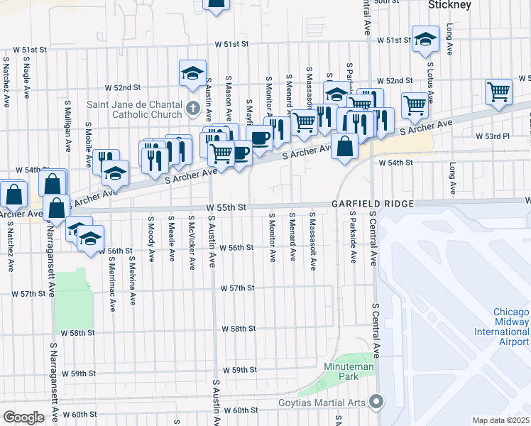 map of restaurants, bars, coffee shops, grocery stores, and more near 5858 West 55th Street in Chicago