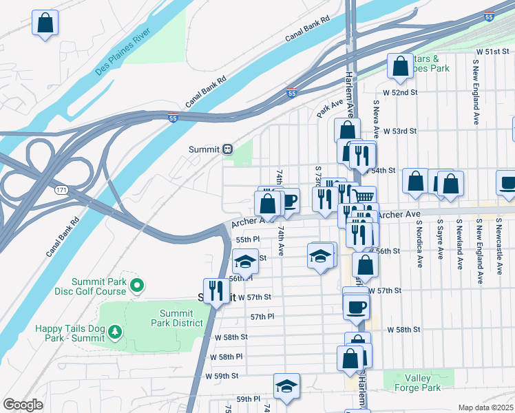 map of restaurants, bars, coffee shops, grocery stores, and more near 7515 West Douglas Avenue in Summit