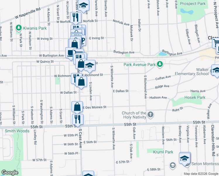 map of restaurants, bars, coffee shops, grocery stores, and more near 114 South Wilmette Avenue in Westmont