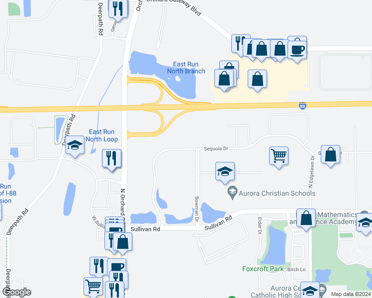 map of restaurants, bars, coffee shops, grocery stores, and more near 2345 Sequoia Drive in Aurora