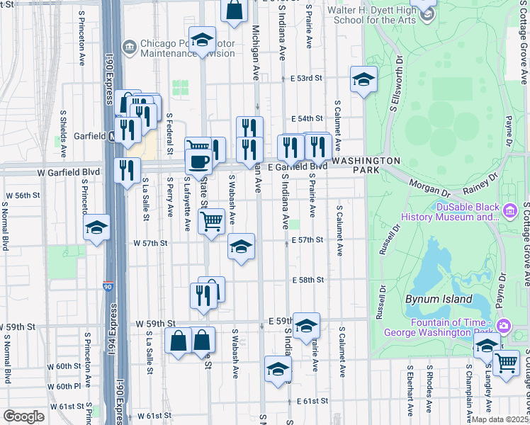 map of restaurants, bars, coffee shops, grocery stores, and more near 5617 South Michigan Avenue in Chicago