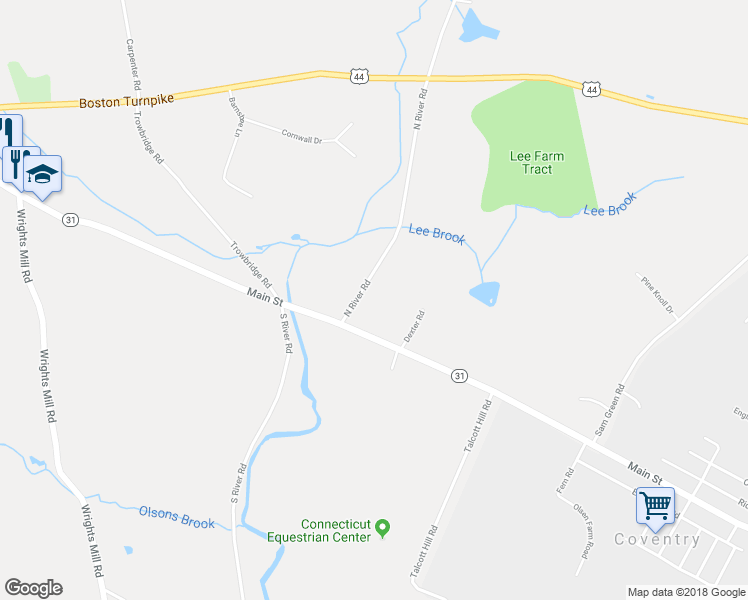 map of restaurants, bars, coffee shops, grocery stores, and more near 10 North River Road in Coventry
