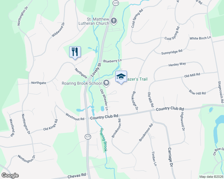 map of restaurants, bars, coffee shops, grocery stores, and more near 30 Old Wheeler Lane in Avon