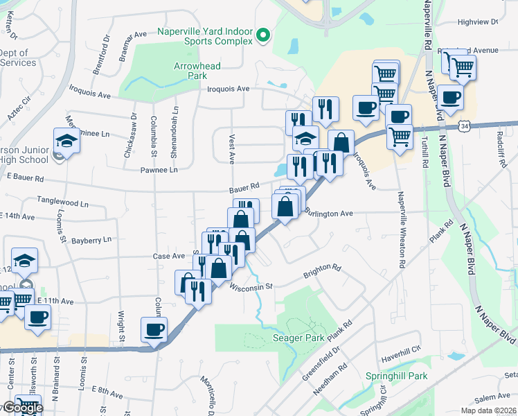 map of restaurants, bars, coffee shops, grocery stores, and more near 26W051 Bauer Road in Naperville