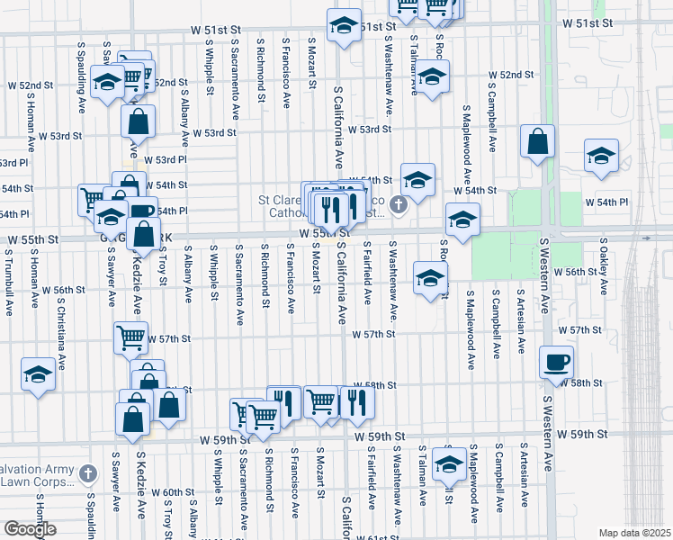 map of restaurants, bars, coffee shops, grocery stores, and more near 5544 South California Avenue in Chicago