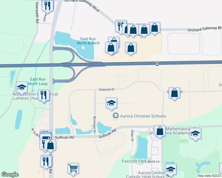 map of restaurants, bars, coffee shops, grocery stores, and more near 2345 Sequoia Drive in Aurora