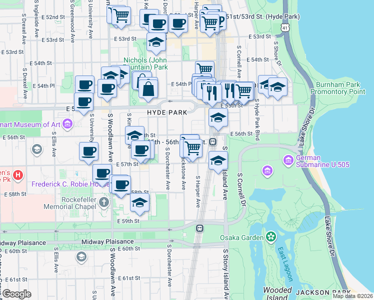 map of restaurants, bars, coffee shops, grocery stores, and more near 5631 South Blackstone Avenue in Chicago