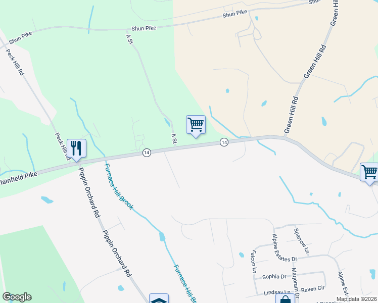map of restaurants, bars, coffee shops, grocery stores, and more near 2814 Plainfield Pike in Cranston