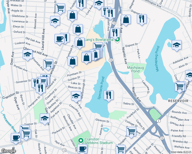 map of restaurants, bars, coffee shops, grocery stores, and more near 18 Gordon Street in Cranston