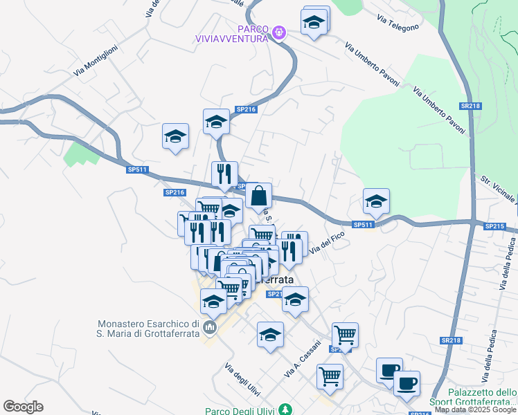 map of restaurants, bars, coffee shops, grocery stores, and more near 70A Via Tuscolana in Grottaferrata