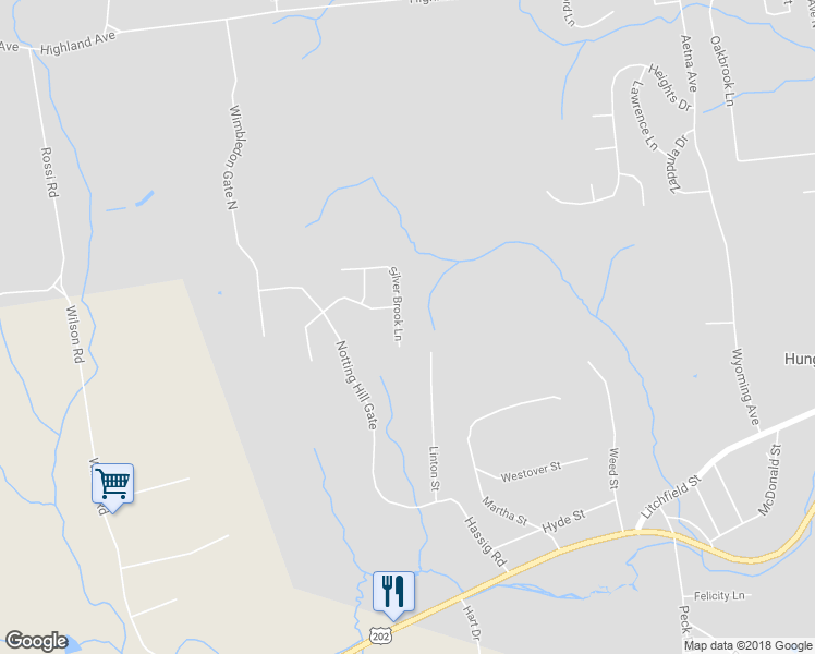 map of restaurants, bars, coffee shops, grocery stores, and more near 48 Silver Brook Lane in Torrington
