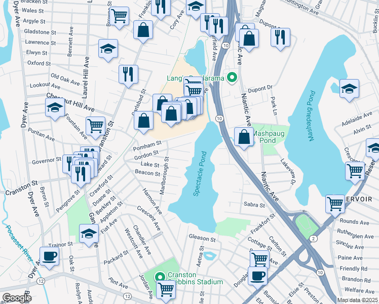 map of restaurants, bars, coffee shops, grocery stores, and more near 18 Gordon Street in Cranston