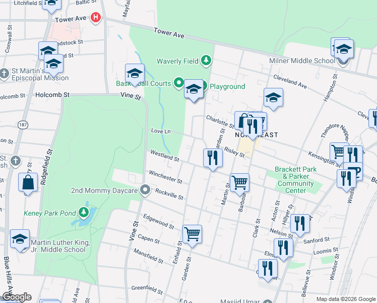 map of restaurants, bars, coffee shops, grocery stores, and more near 83 Love Lane in Hartford