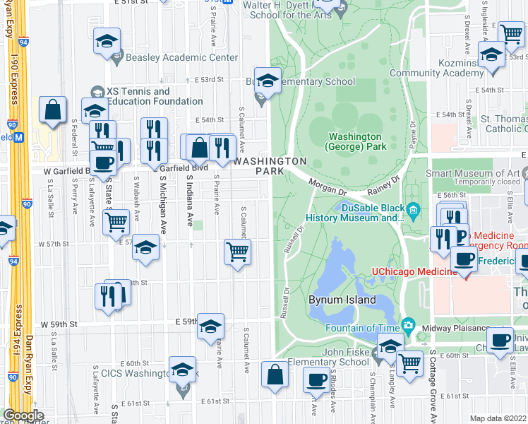 map of restaurants, bars, coffee shops, grocery stores, and more near 362 East 56th Street in Chicago