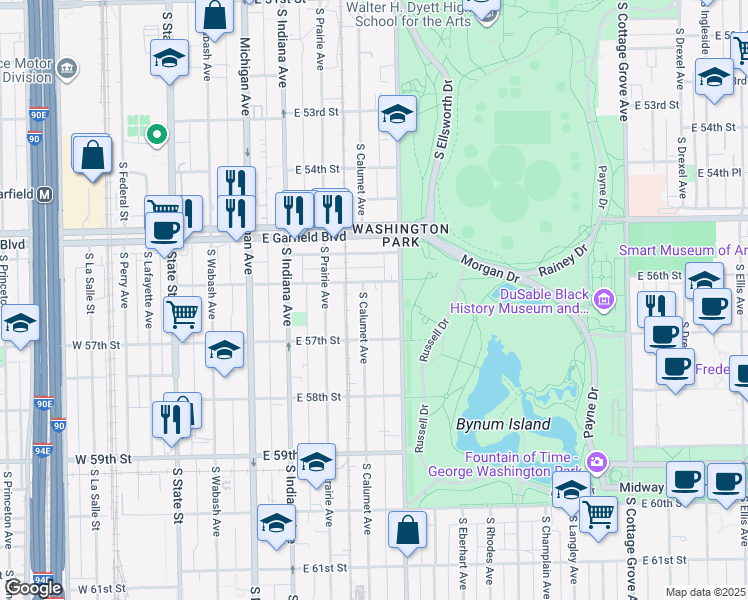 map of restaurants, bars, coffee shops, grocery stores, and more near 362 East 56th Street in Chicago