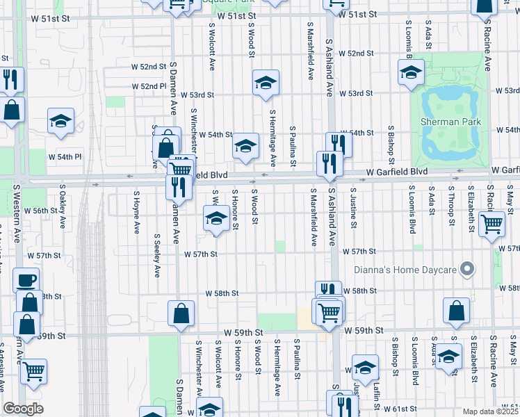 map of restaurants, bars, coffee shops, grocery stores, and more near 5517 South Wood Street in Chicago