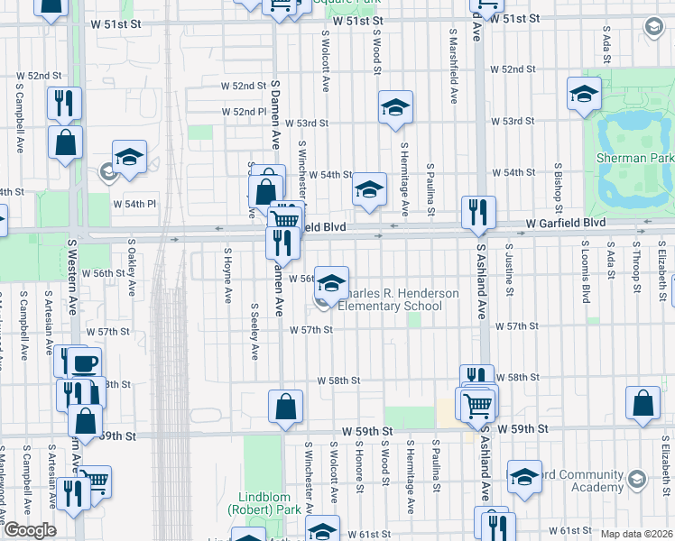 map of restaurants, bars, coffee shops, grocery stores, and more near 5514 South Wolcott Avenue in Chicago