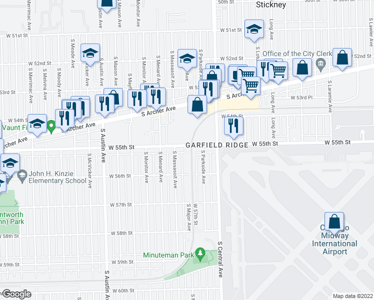 map of restaurants, bars, coffee shops, grocery stores, and more near 5660 West 55th Street in Chicago