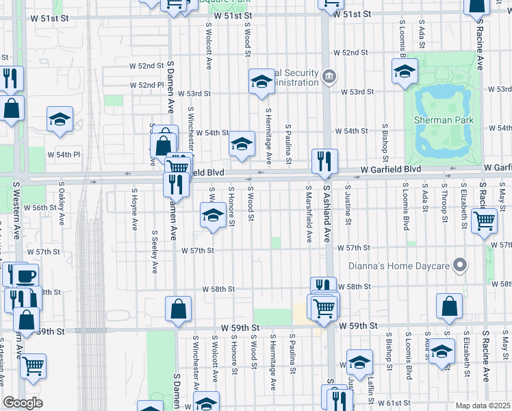 map of restaurants, bars, coffee shops, grocery stores, and more near 5517 South Wood Street in Chicago