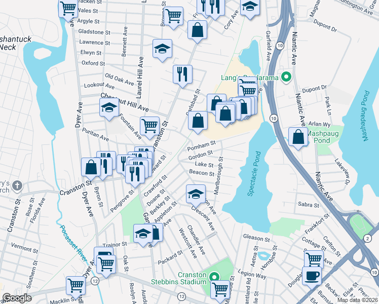 map of restaurants, bars, coffee shops, grocery stores, and more near 50 Burnham Avenue in Cranston