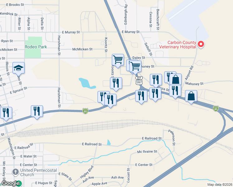 map of restaurants, bars, coffee shops, grocery stores, and more near 1801 East Cedar Street in Rawlins