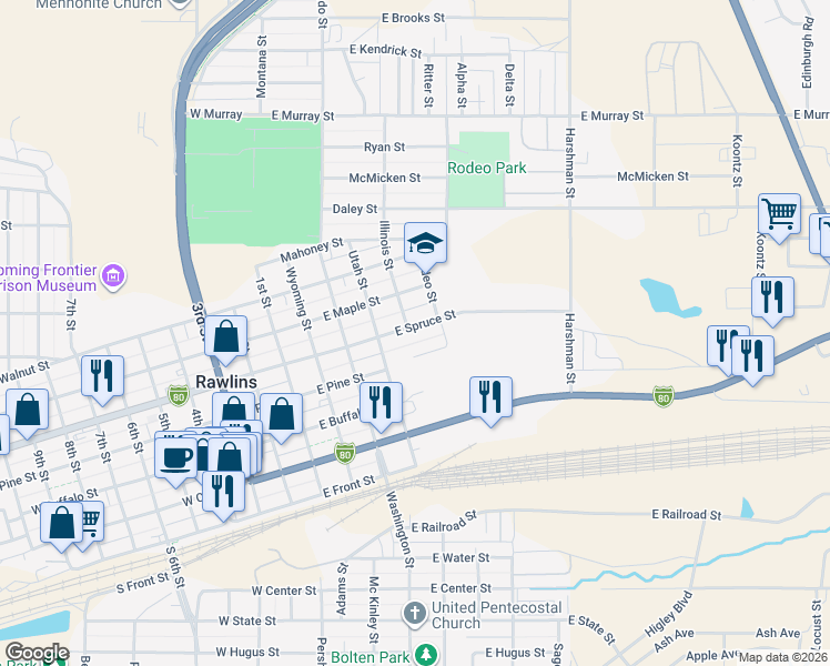map of restaurants, bars, coffee shops, grocery stores, and more near 502 East Spruce Street in Rawlins