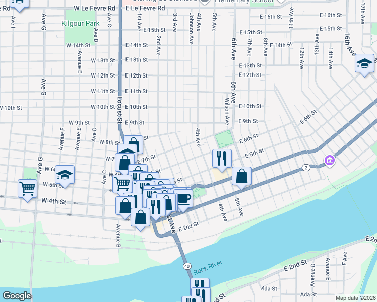 map of restaurants, bars, coffee shops, grocery stores, and more near 611 4th Avenue in Sterling