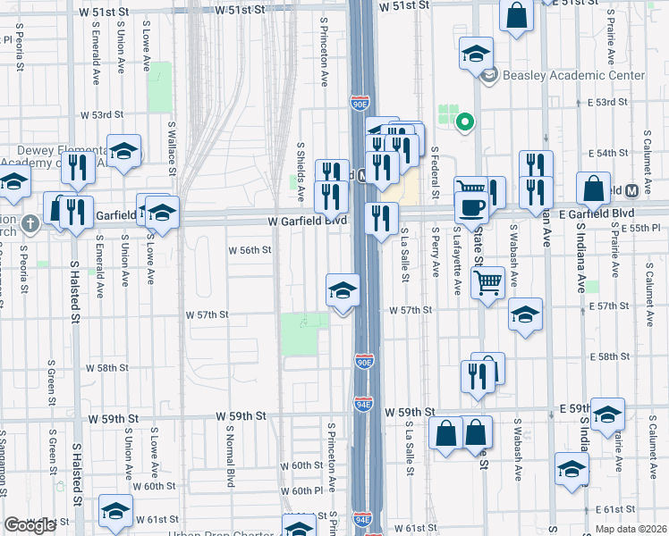 map of restaurants, bars, coffee shops, grocery stores, and more near 5605 South Princeton Avenue in Chicago