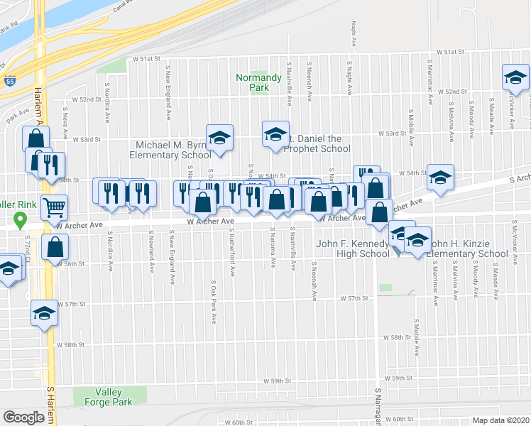 map of restaurants, bars, coffee shops, grocery stores, and more near 6640 West Archer Avenue in Chicago