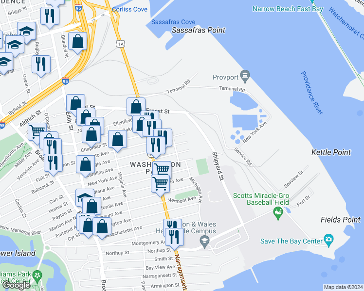 map of restaurants, bars, coffee shops, grocery stores, and more near 26 Toronto Avenue in Providence