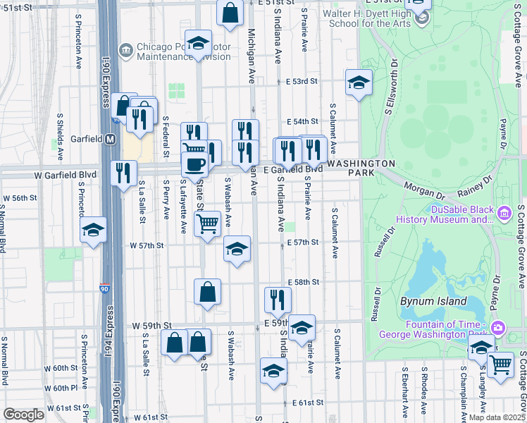 map of restaurants, bars, coffee shops, grocery stores, and more near 12 East 56th Street in Chicago