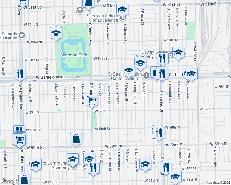 map of restaurants, bars, coffee shops, grocery stores, and more near 5527 South Carpenter Street in Chicago