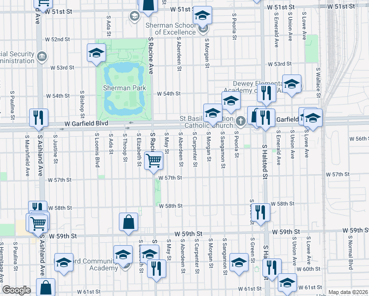 map of restaurants, bars, coffee shops, grocery stores, and more near 5524 South Aberdeen Street in Chicago