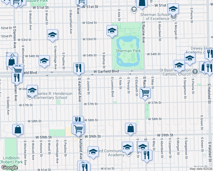 map of restaurants, bars, coffee shops, grocery stores, and more near 5522 South Loomis Boulevard in Chicago
